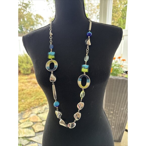 Chicos Blue Green Faux Glass SIlver Tone 18" Long Statement Necklace NEW - Picture 2 of 16